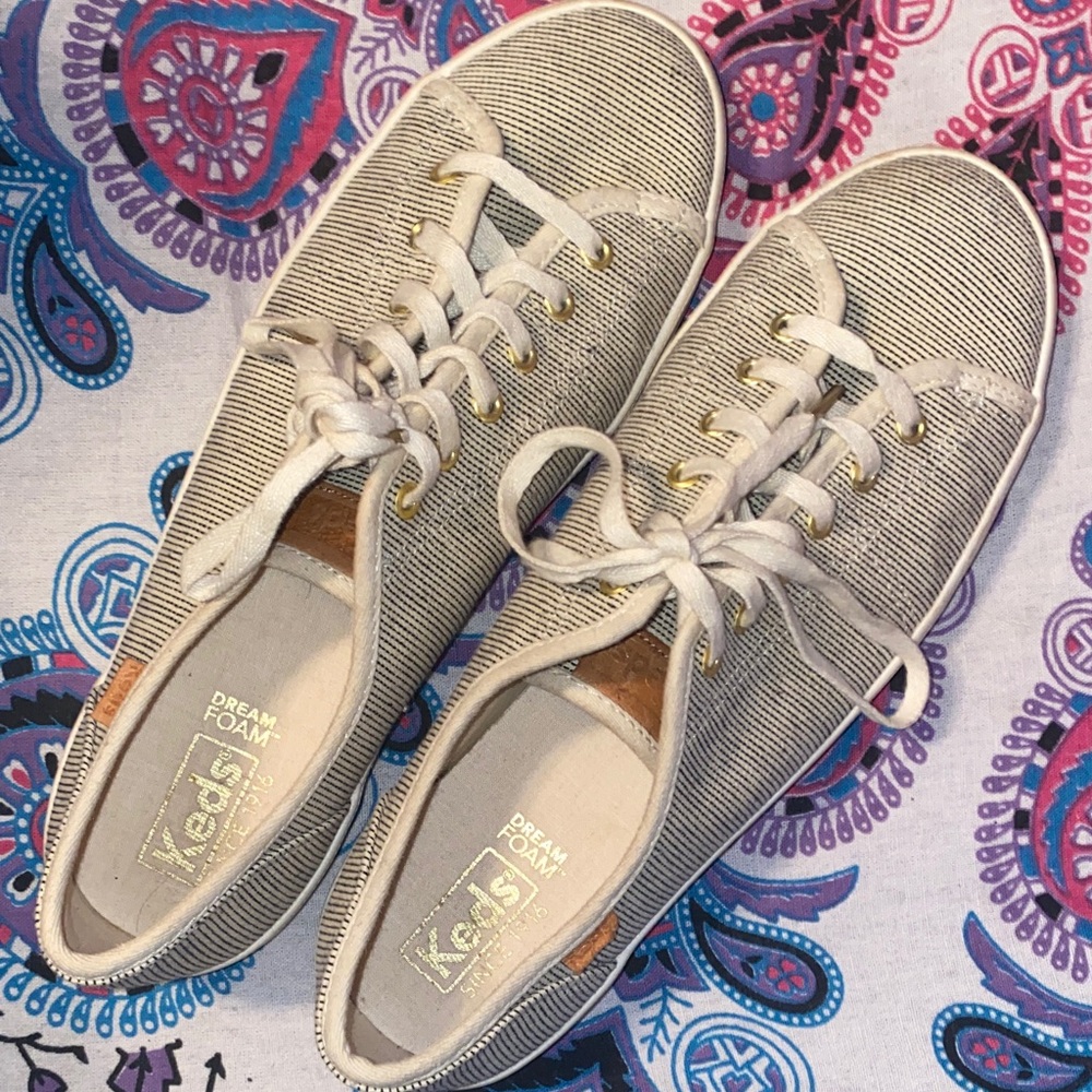 Keds Women's Black and White Striped w/ Gold Hardware & Leather logo tags